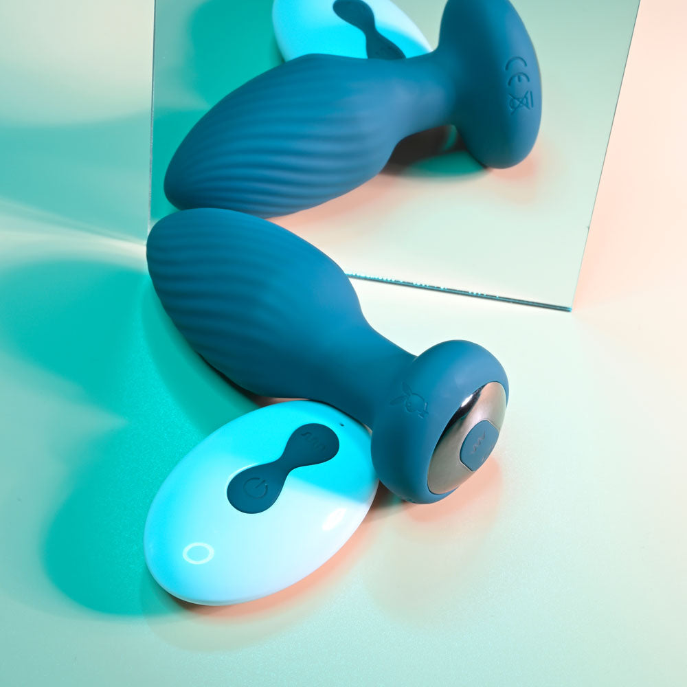 Playboy Pleasure Spinning Tail Teaser Blue 9.7 Cm Usb Rechargeable Vibrating & Rotating Butt Plug With Wireless Remote