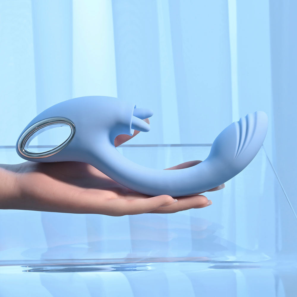 Playboy Pleasure Sapphire Sky Blue 21.6 Cm Usb Rechargeable Vibrator With Double Tongue Stimulator