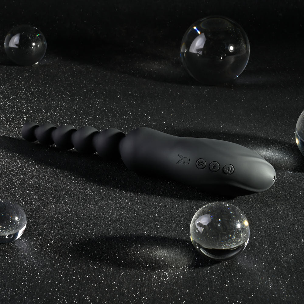 Playboy Pleasure Let It Bead Black 23.1 Cm Usb Rechargeable Vibrating Anal Beads With Clitoral Suction