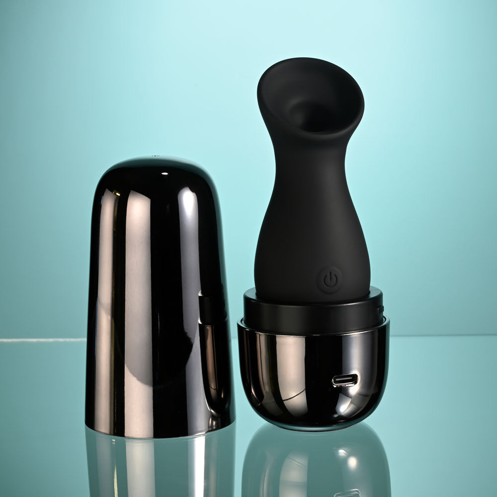 Playboy Pleasure The Jet Set Sucker Black 10.3 Cm Sucking Stimulator With Rechargeable Charging Case