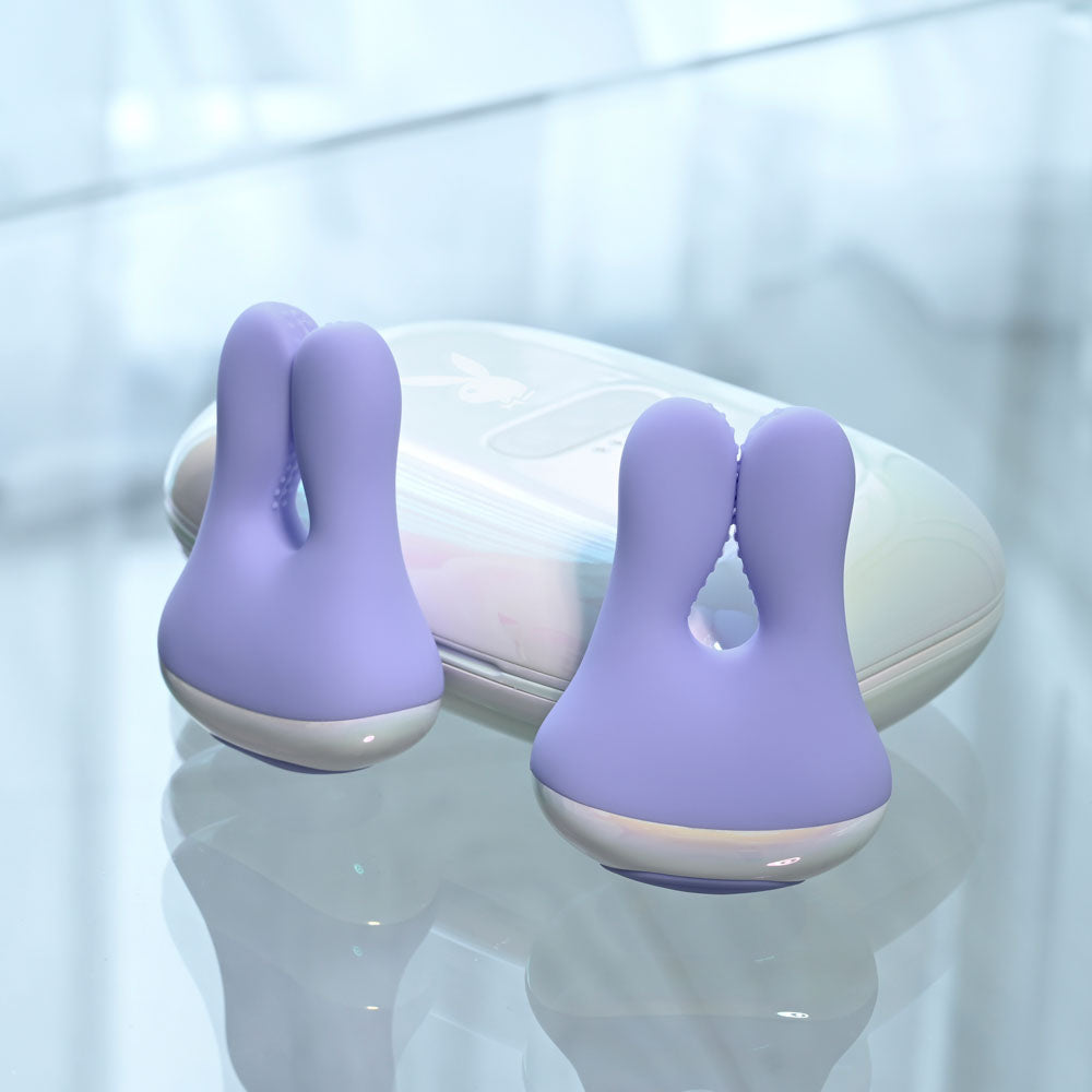 Playboy Pleasure In A Pinch Purple Rechargeable Vibrating Nipple Clamps With Charging Carry Case