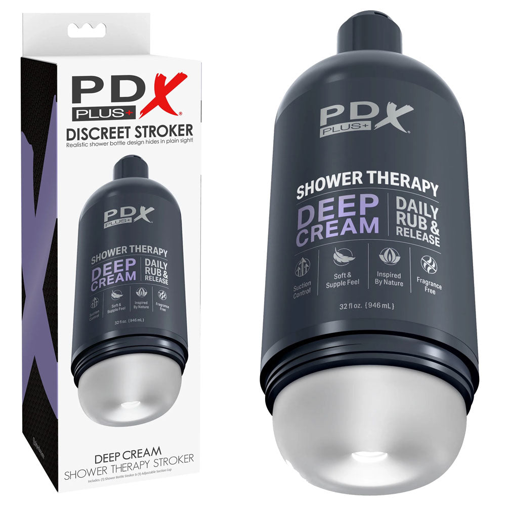 Pdx Plus Shower Therapy Deep Cream Frosted Clear Discreet Stroker With Suction Base