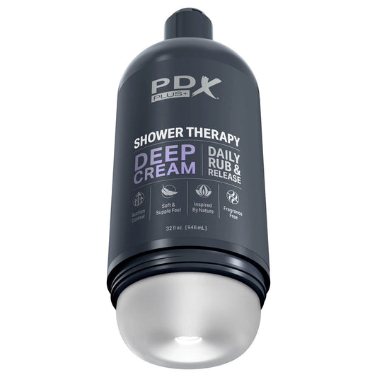 Pdx Plus Shower Therapy Deep Cream Frosted Clear Discreet Stroker With Suction Base