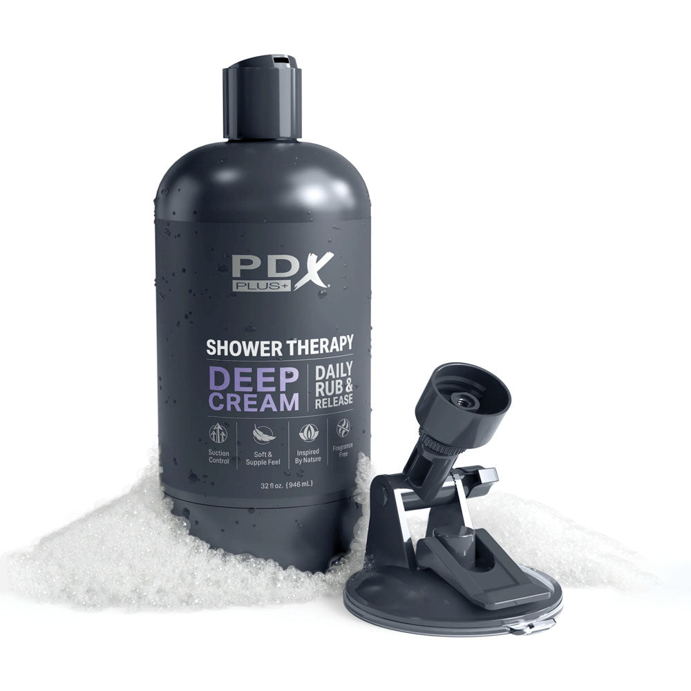 Pdx Plus Shower Therapy Deep Cream Frosted Clear Discreet Stroker With Suction Base