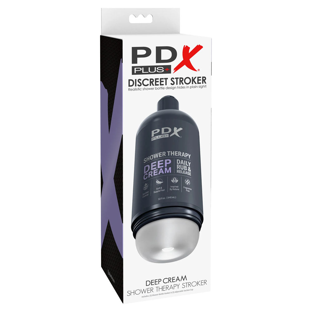 Pdx Plus Shower Therapy Deep Cream Frosted Clear Discreet Stroker With Suction Base