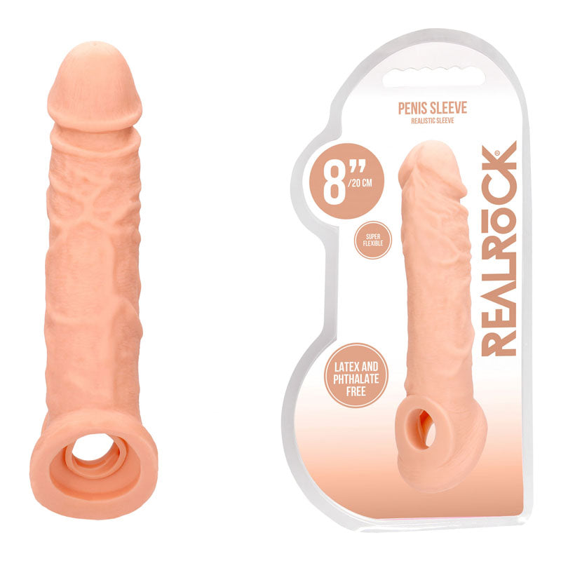 Realrock 8'' Realistic Penis Extender With Rings Flesh 20.3 Cm Penis Extension Sleeve