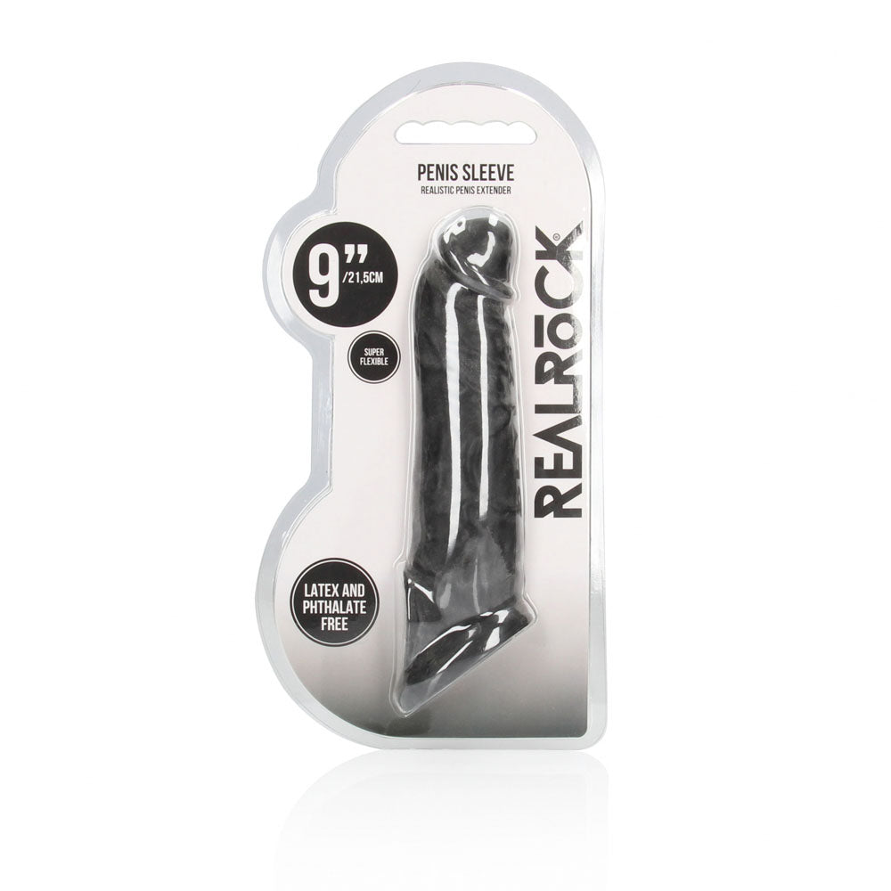 Realrock 9'' Realistic Penis Extender With Rings Black Black 22.9 Cm Penis Extension Sleeve