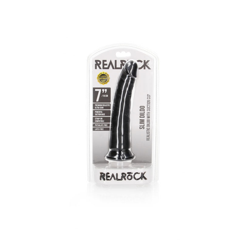 Realrock Realistic Slim Dildo With Suction Cup 18cm Black 18 Cm (7'') Dong