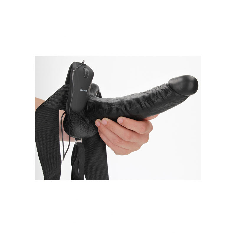Realrock Vibrating Hollow Strapon + Balls 23cm Black Black 23 Cm Vibrating Hollow Strap On