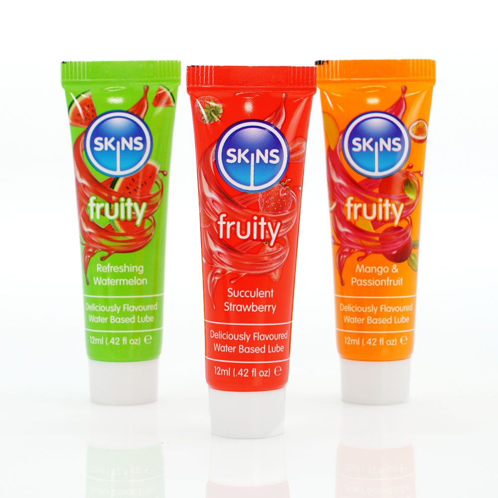 Skins Fruity Tubes Watermelon, Strawberry, & Mango & Passionfruit Flavoured Lubricants 12 Ml Bottles