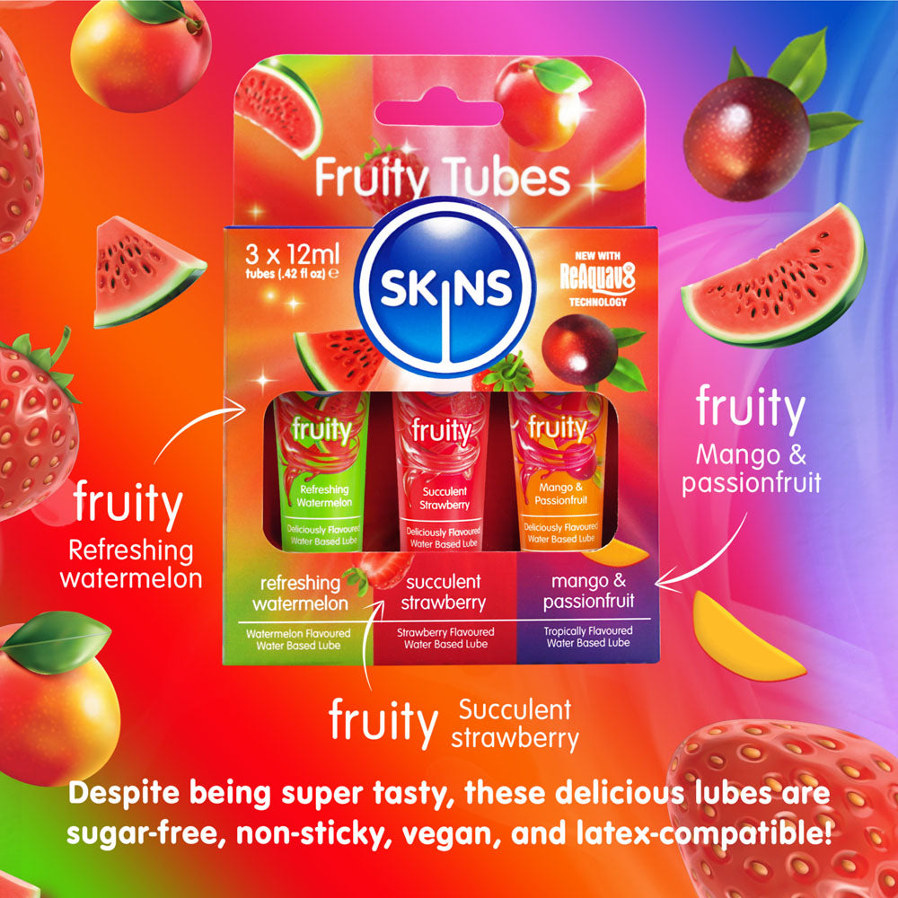 Skins Fruity Tubes Watermelon, Strawberry, & Mango & Passionfruit Flavoured Lubricants 12 Ml Bottles