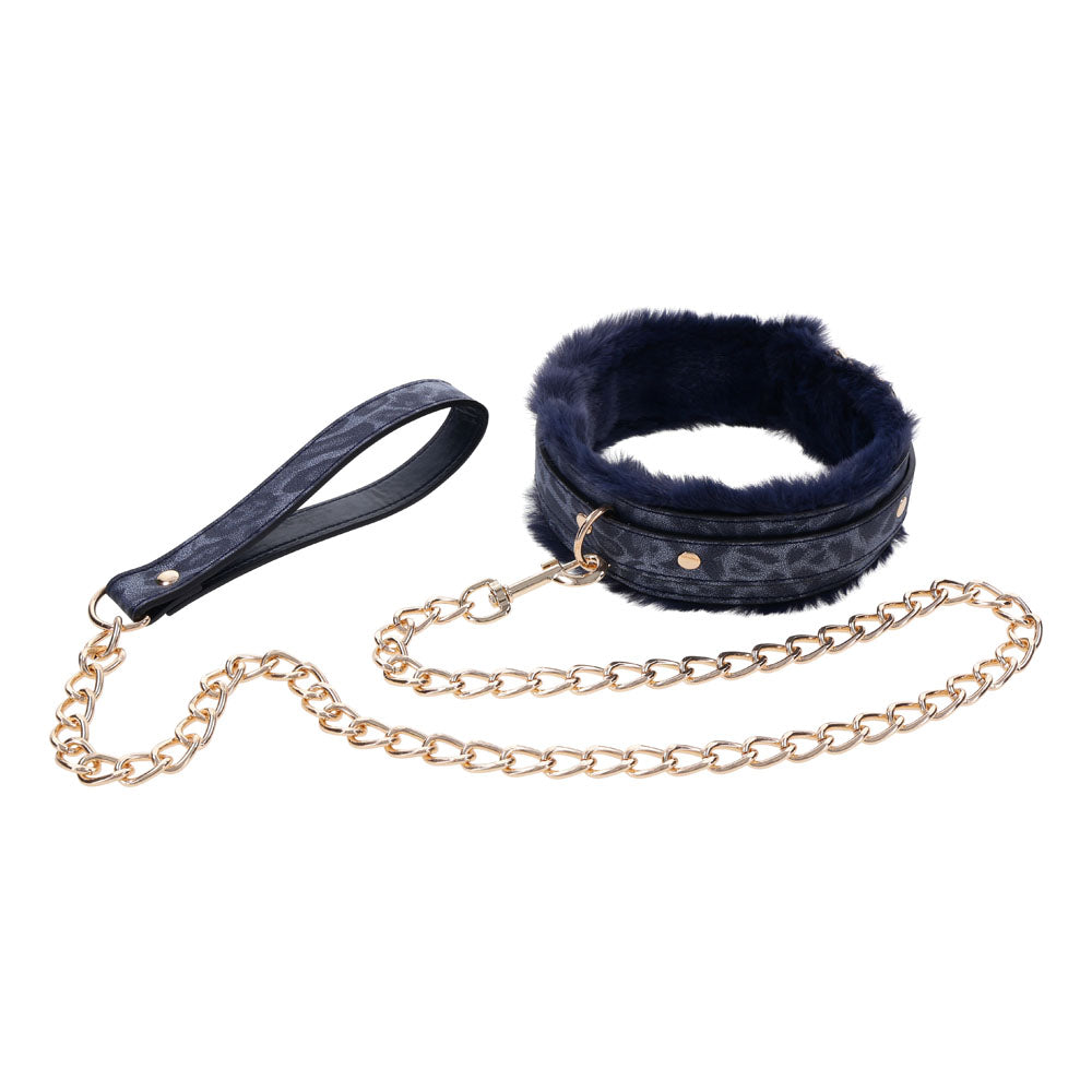 Sex & Mischief Cougar Fur Collar & Leash Navy Blue/Gold Furry Restraint