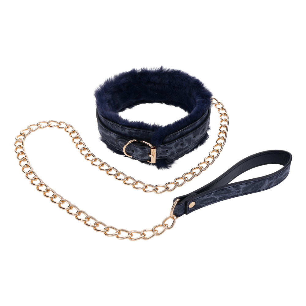 Sex & Mischief Cougar Fur Collar & Leash Navy Blue/Gold Furry Restraint