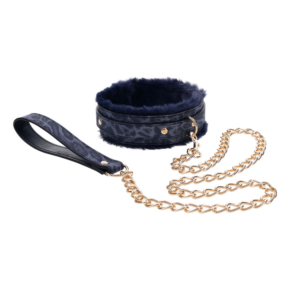 Sex & Mischief Cougar Fur Collar & Leash Navy Blue/Gold Furry Restraint