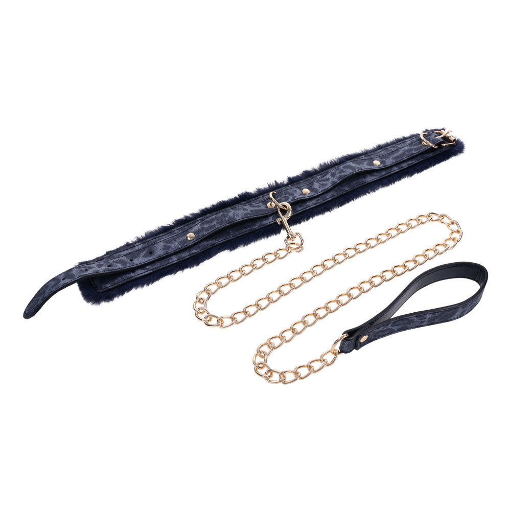 Sex & Mischief Cougar Fur Collar & Leash Navy Blue/Gold Furry Restraint