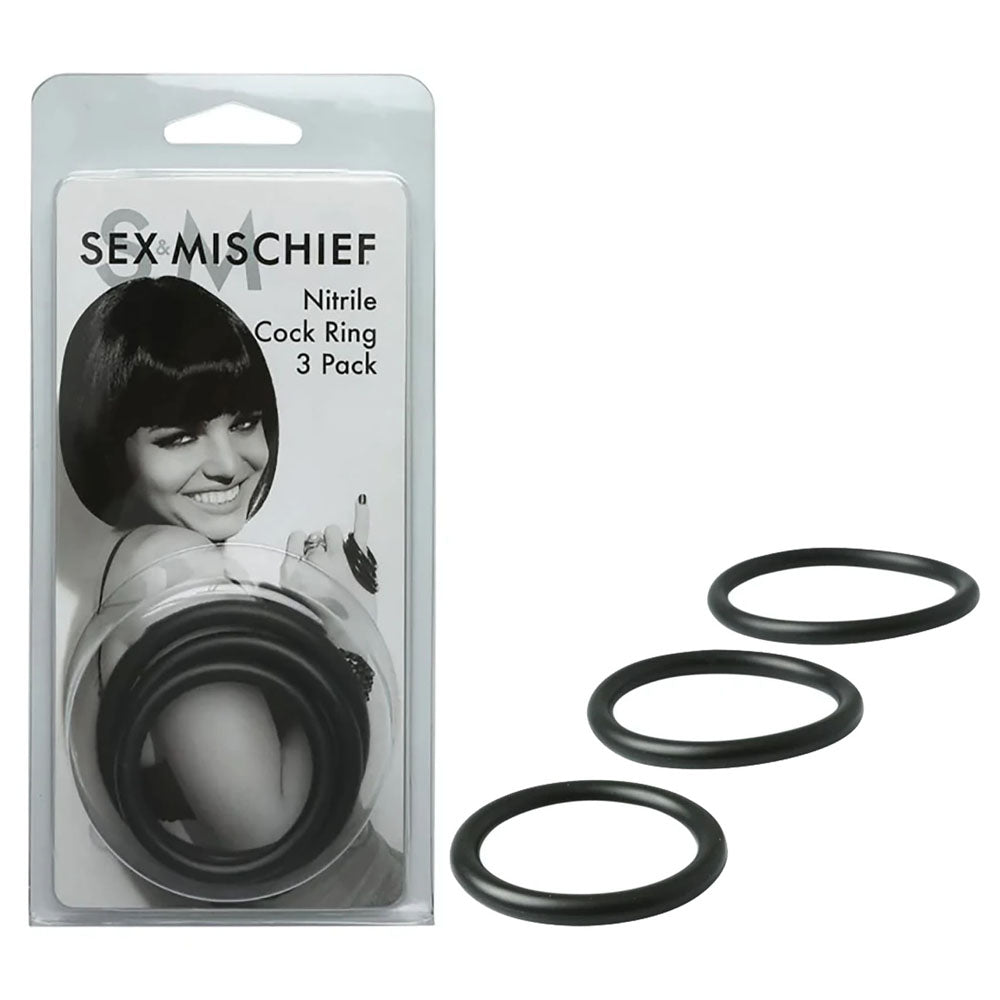 Sex & Mischief Nitrile Cock Ring 3 Pack Black Cock Rings Set Of 3 Sizes