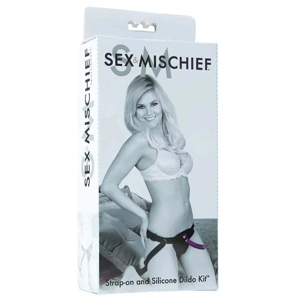 Sex & Mischief Strap On & Silicone Dildo Kit Black/Purple Adjustable Strap On