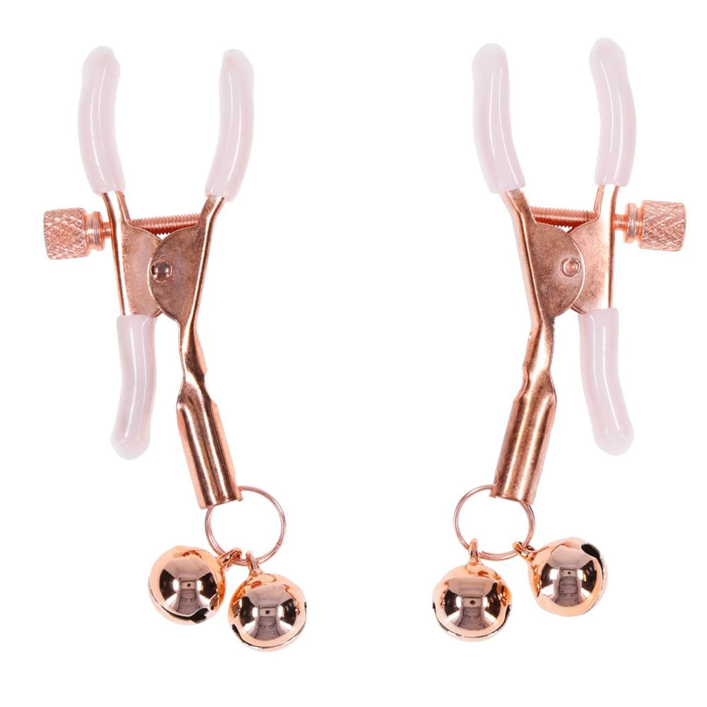 Sex & Mischief Peaches N Crea Me Bell Nipple Clamps Peach/Rose Gold Nipple Clamps With Bells Set Of 2