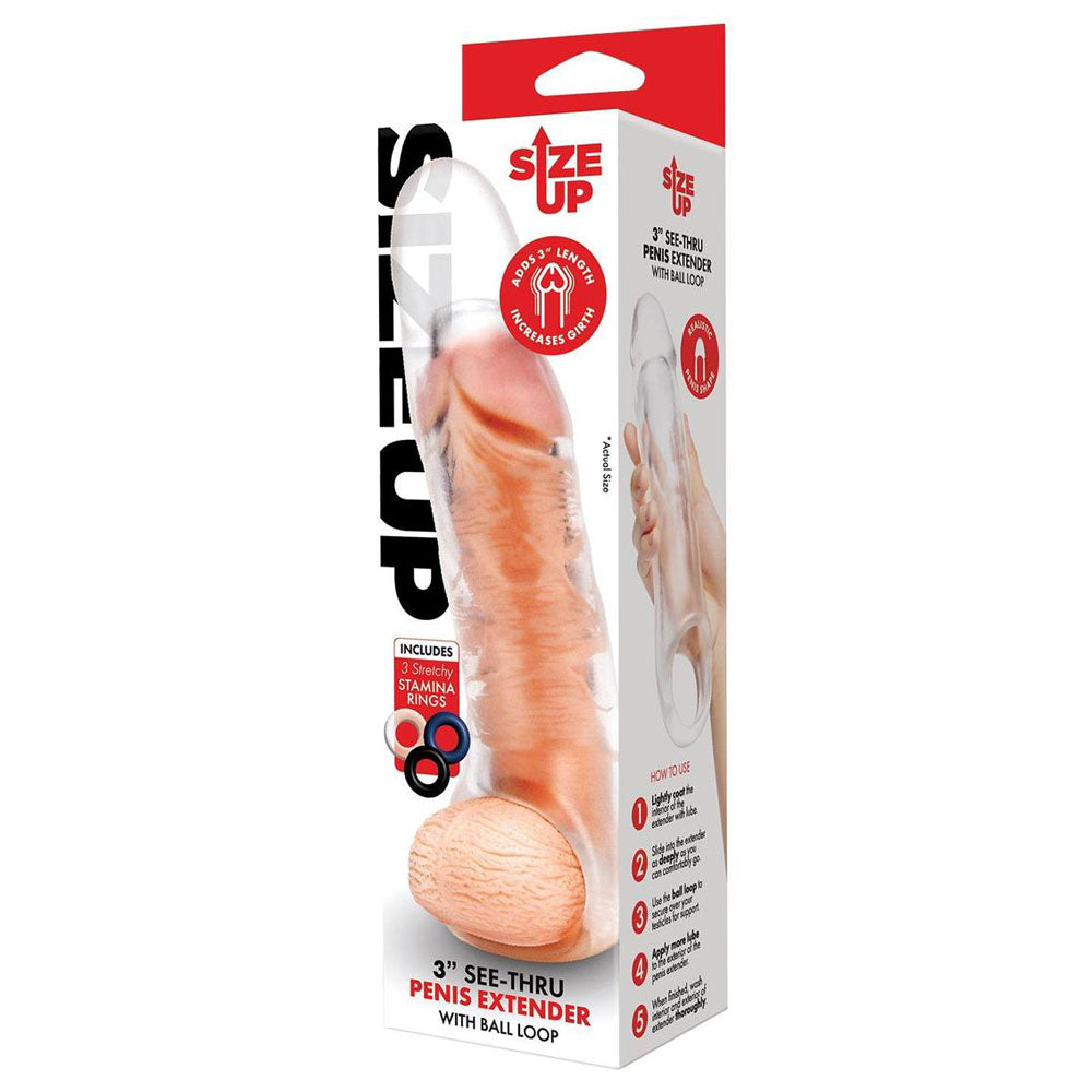 Size Up 3 Inch See Thru Penis Extender With Ball Loop Clear 7.6 Cm (3'') Penis Extension Sleeve
