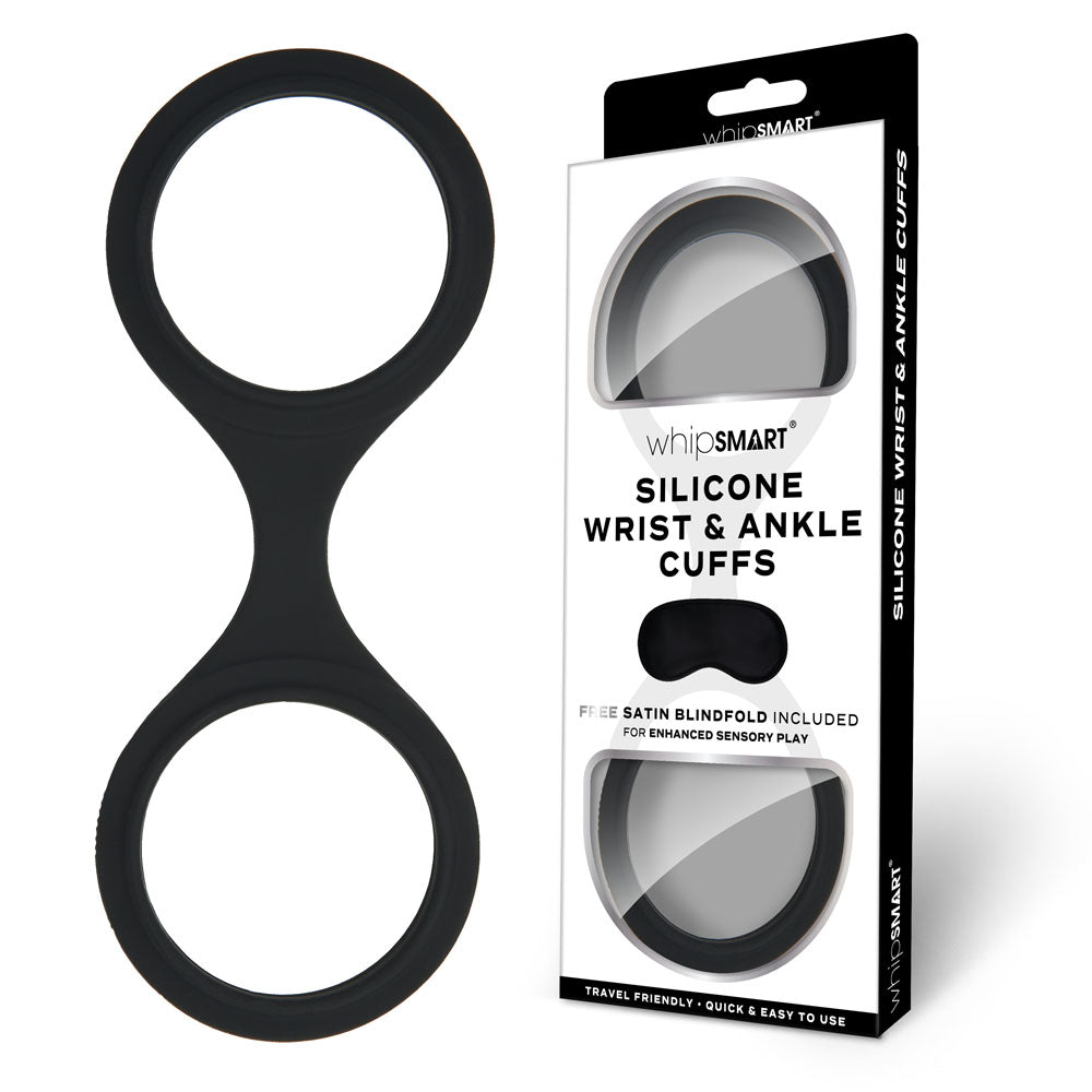 Whip Smart Silicone Wrist & Ankle Cuffs Black Black Restraints With Bonus Eye Mask