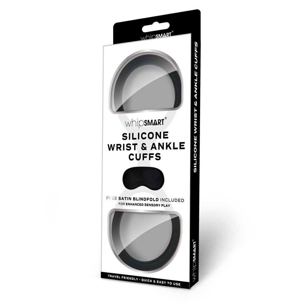 Whip Smart Silicone Wrist & Ankle Cuffs Black Black Restraints With Bonus Eye Mask