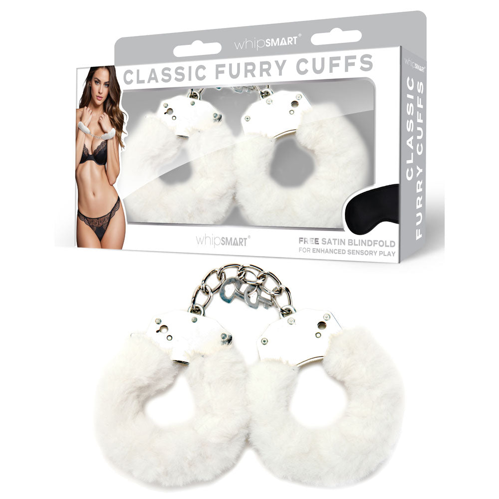 Whip Smart Classic Furry Cuffs White White Furry Restraints With Bonus Eye Mask