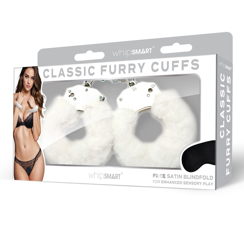Whip Smart Classic Furry Cuffs White White Furry Restraints With Bonus Eye Mask