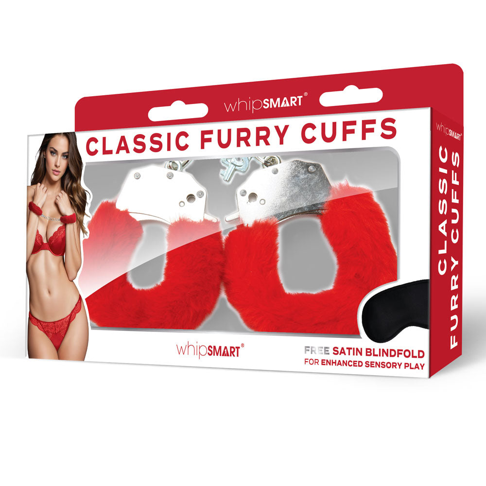 Whip Smart Classic Furry Cuffs Red Red Furry Restraints With Bonus Eye Mask