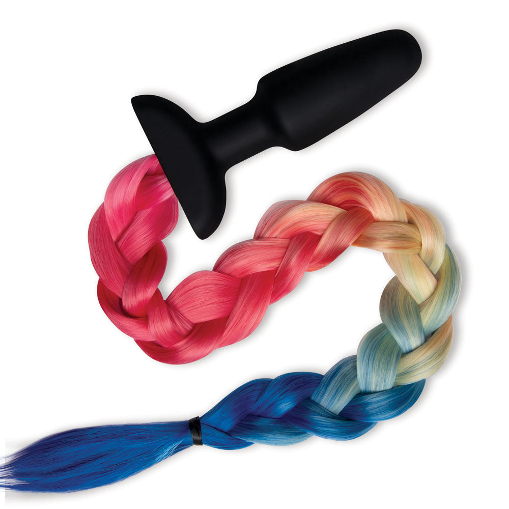 Whip Smart Furry Tales Silicone Rainbow Tail Black 8.9 Cm Butt Plug With Rainbow Tail