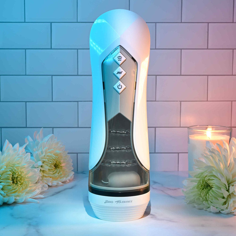 Zero Tolerance Stroking Buddy White Usb Rechargeable Vibrating & Thrusting Stroker