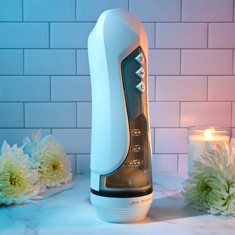 Zero Tolerance Stroking Buddy White Usb Rechargeable Vibrating & Thrusting Stroker