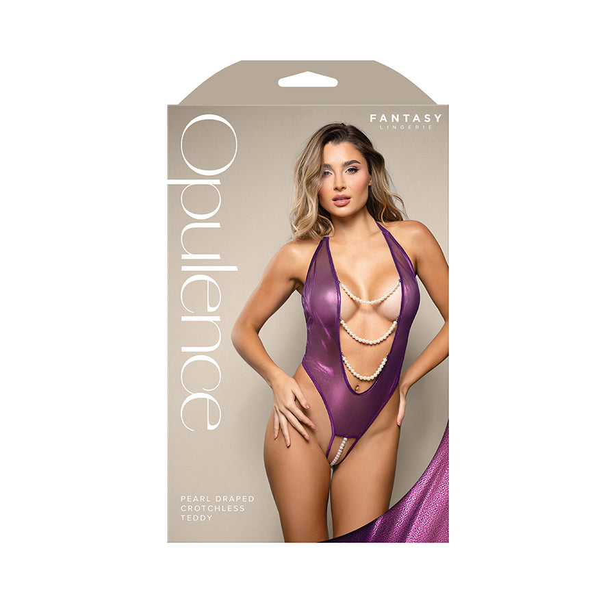 Opulence Pearl Draped Crotchless Teddy Purple S/M Size
