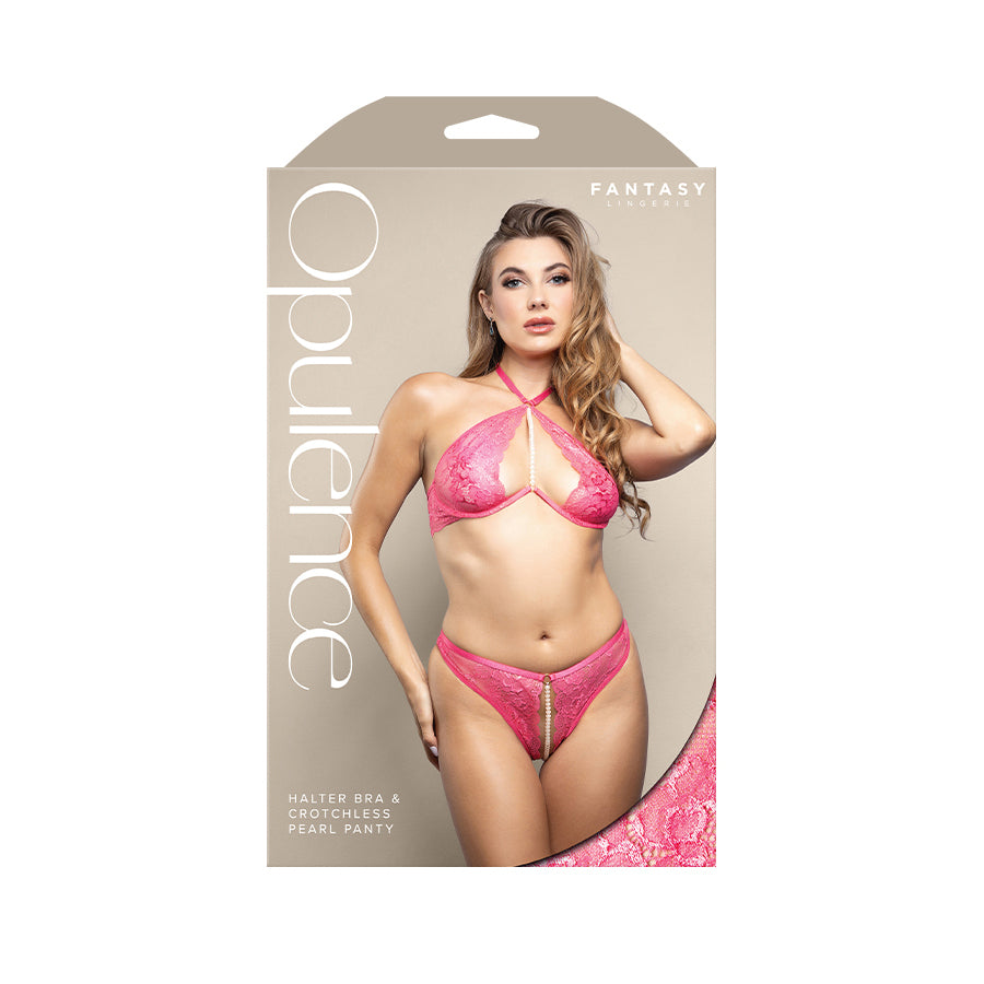 Opulence Halter Bra & Crotchless Pearl Panty Sm Pink S/M Size