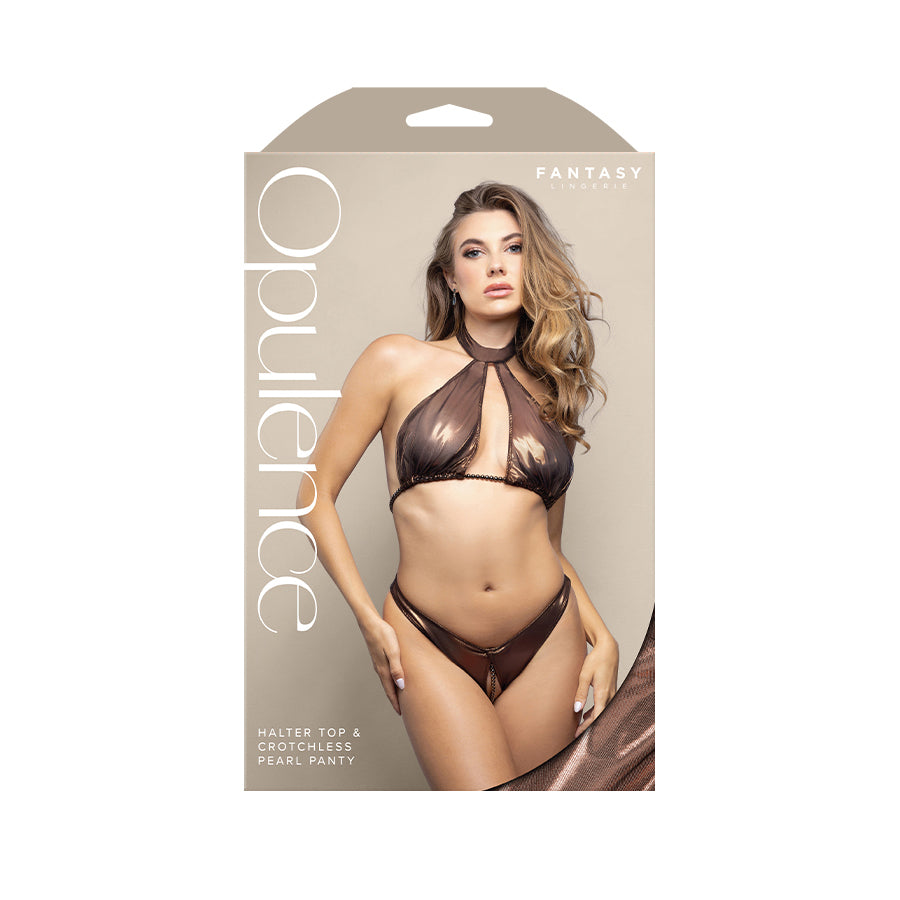 Opulence Halter Top & Crotchless Pearl Panty Sm Chocolate S/M Size