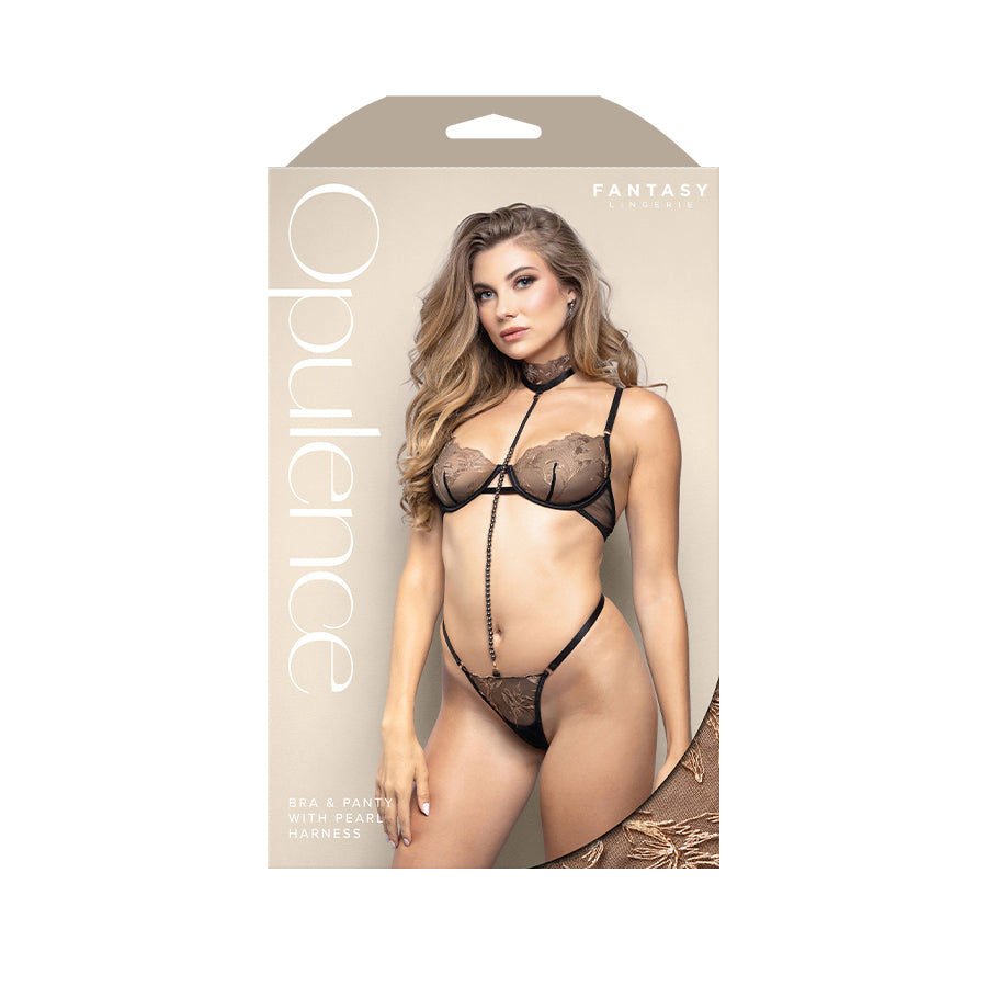 Opulence Bra & Panty With Pearl Harness Ml Black M/L Size