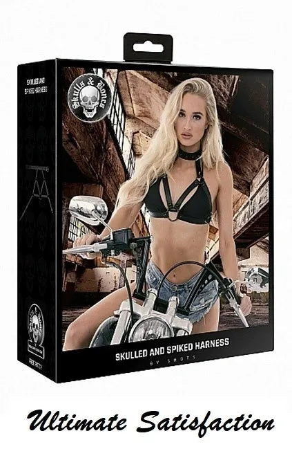 Skulls and Bones Harness with Skulls and Spikes Black Bonded Leather