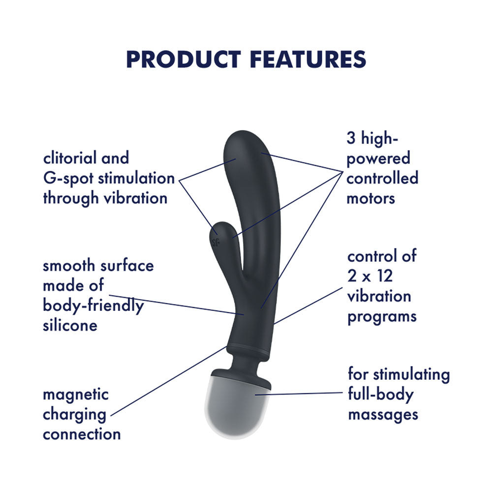 Satisfyer Triple Lover Grey Usb Rechargeable Rabbit Vibrator And Massage Wand