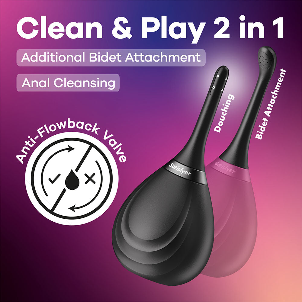 Satisfyer Clean & Play 2 In 1 Black Unisex Douche With 2 Nozzles