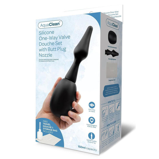 Aqua Clean Silicone 1 Way Valve Douche Set With Butt Plug Nozzle 150 Ml Capacity With Free Travel Douche Included