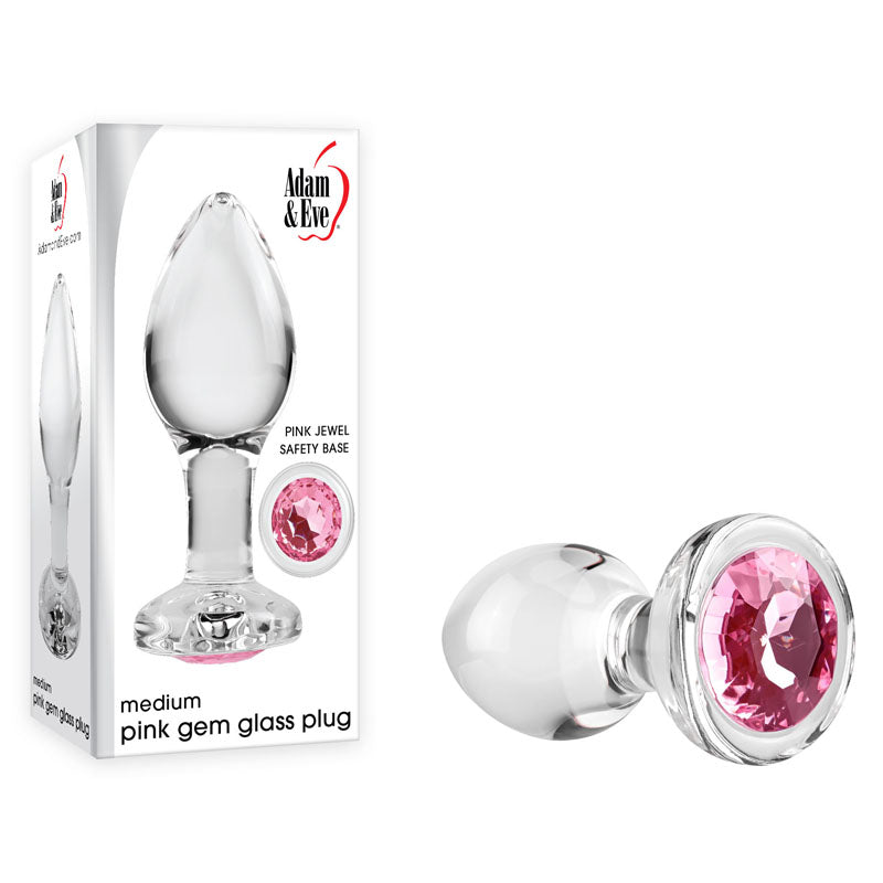 Adam & Eve Pink Gem Glass Plug Medium Clear Glass 8.7 Cm Butt Plug With Pink Gem Base