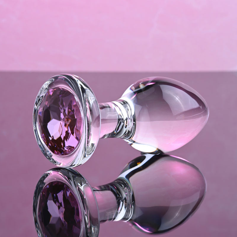 Adam & Eve Pink Gem Glass Plug Medium Clear Glass 8.7 Cm Butt Plug With Pink Gem Base