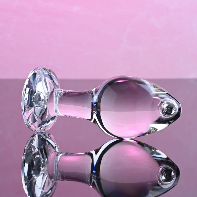 Adam & Eve Pink Gem Glass Plug Medium Clear Glass 8.7 Cm Butt Plug With Pink Gem Base