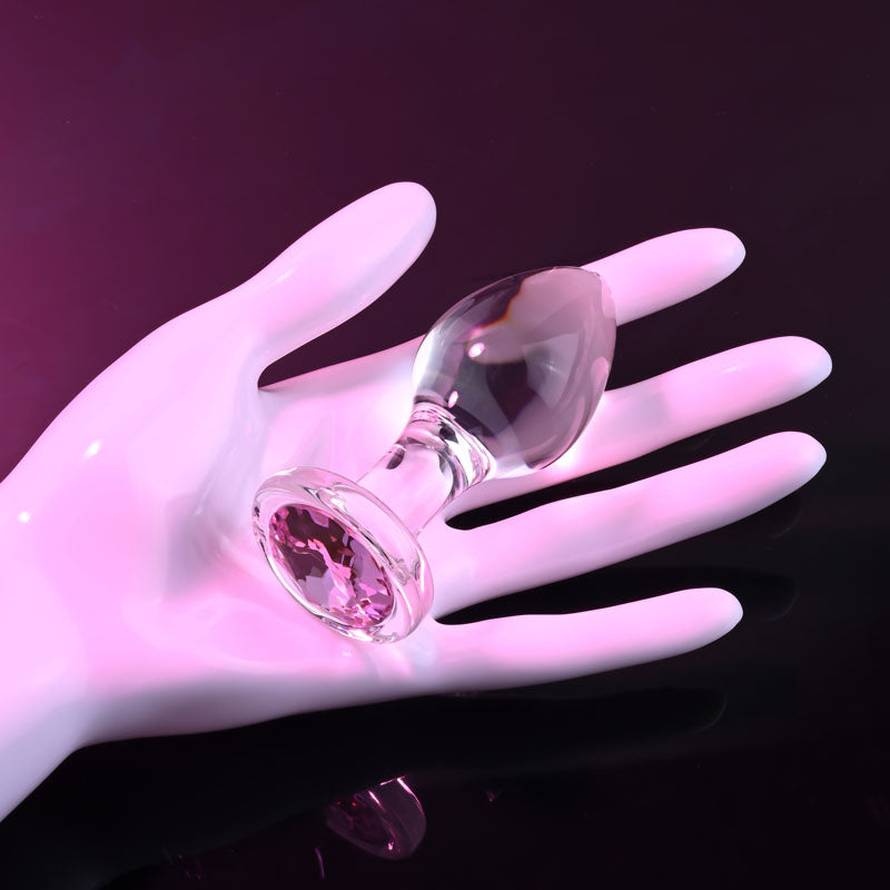 Adam & Eve Pink Gem Glass Plug Medium Clear Glass 8.7 Cm Butt Plug With Pink Gem Base
