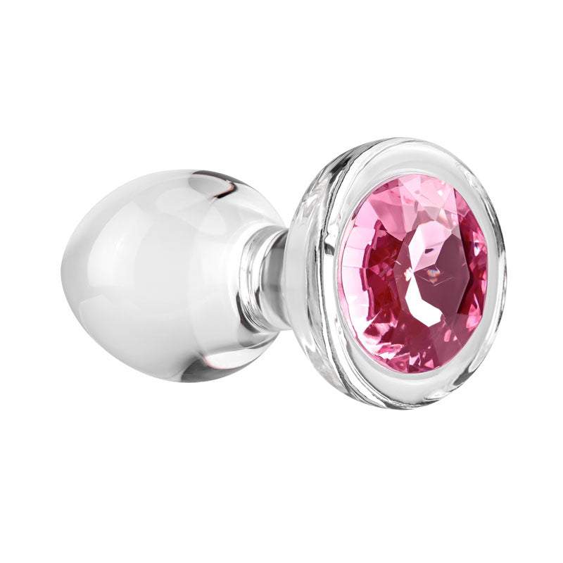 Adam & Eve Pink Gem Glass Plug Medium Clear Glass 8.7 Cm Butt Plug With Pink Gem Base