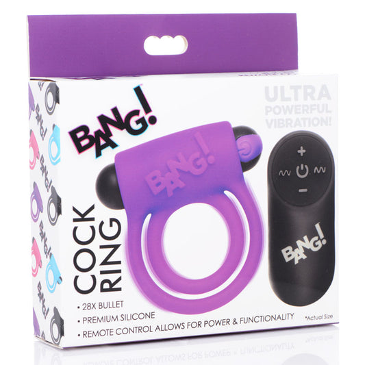 Bang! Silicone Cock Ring & Bullet Purple Usb Rechargeable Vibrating Cock Ring With Wireless Remote