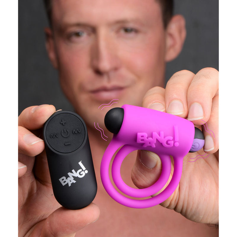 Bang! Silicone Cock Ring & Bullet Purple Usb Rechargeable Vibrating Cock Ring With Wireless Remote