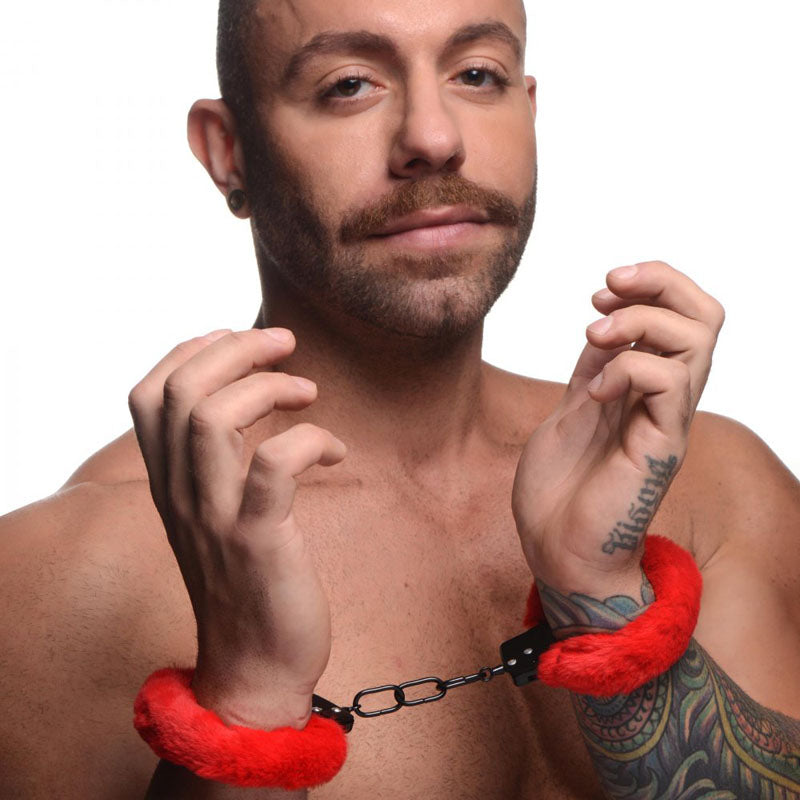 Master Series Cuffed In Fur Red Fluffy Handcuffs
