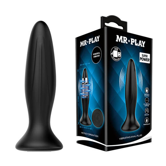 Mr Play Vibrating Anal Plug Black 12.8 Cm Usb Rechargeable Vibrating Butt Plug