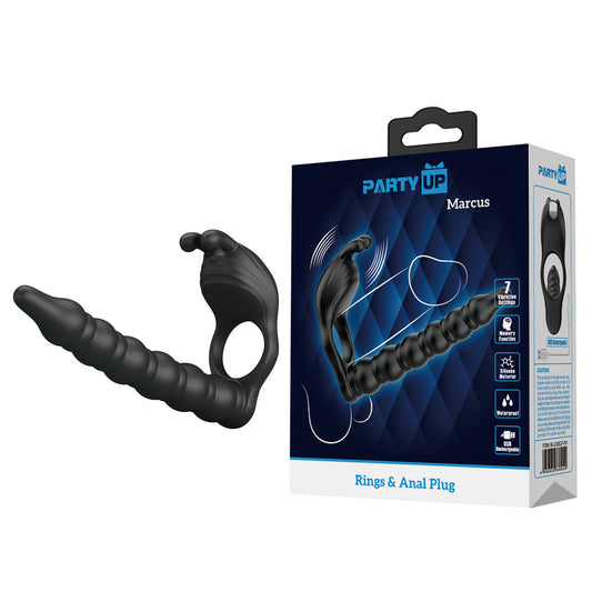 Party Up Marcus Ring & Anal Plug Black Usb Rechargeable Vibrating Cock Ring With Double Penetrator