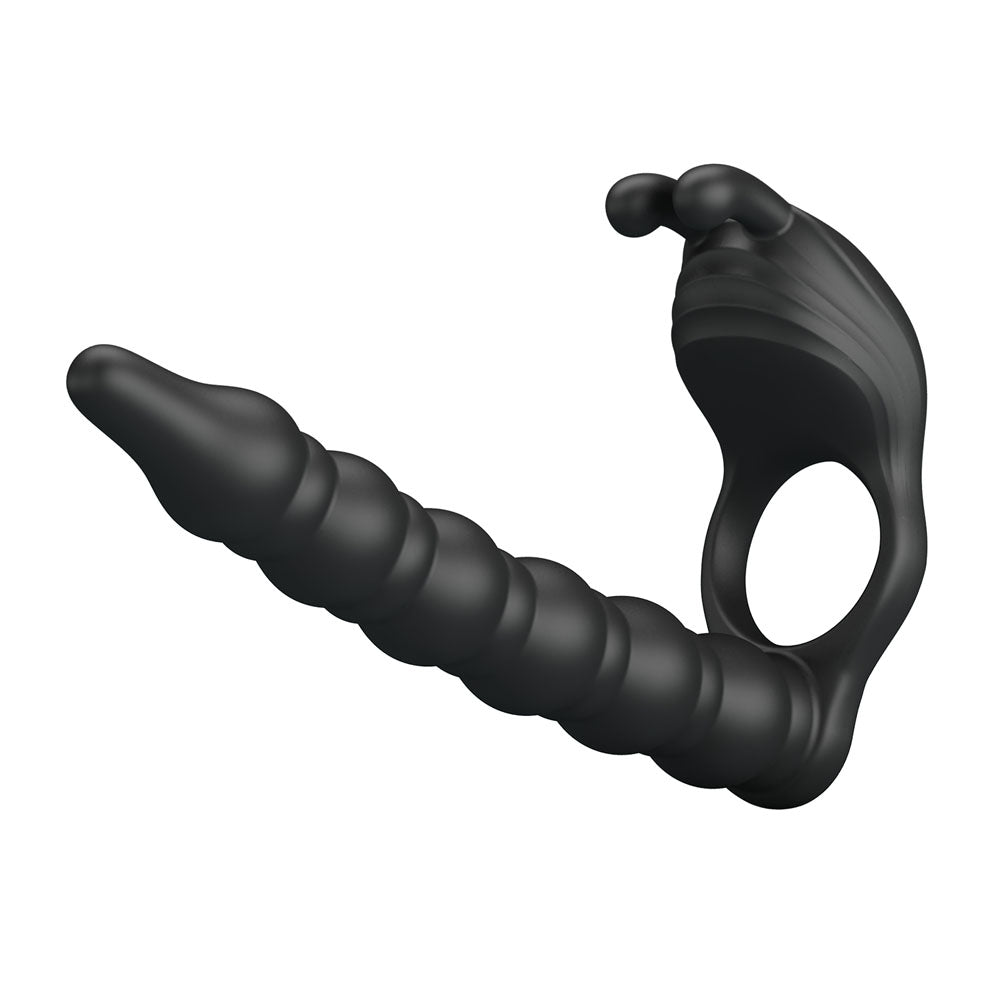 Party Up Marcus Ring & Anal Plug Black Usb Rechargeable Vibrating Cock Ring With Double Penetrator